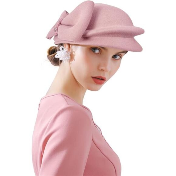Women's Vintage 100% Wool Felt Cloche Bucket Bowler Hat B2-pink - Picture 1 of 5